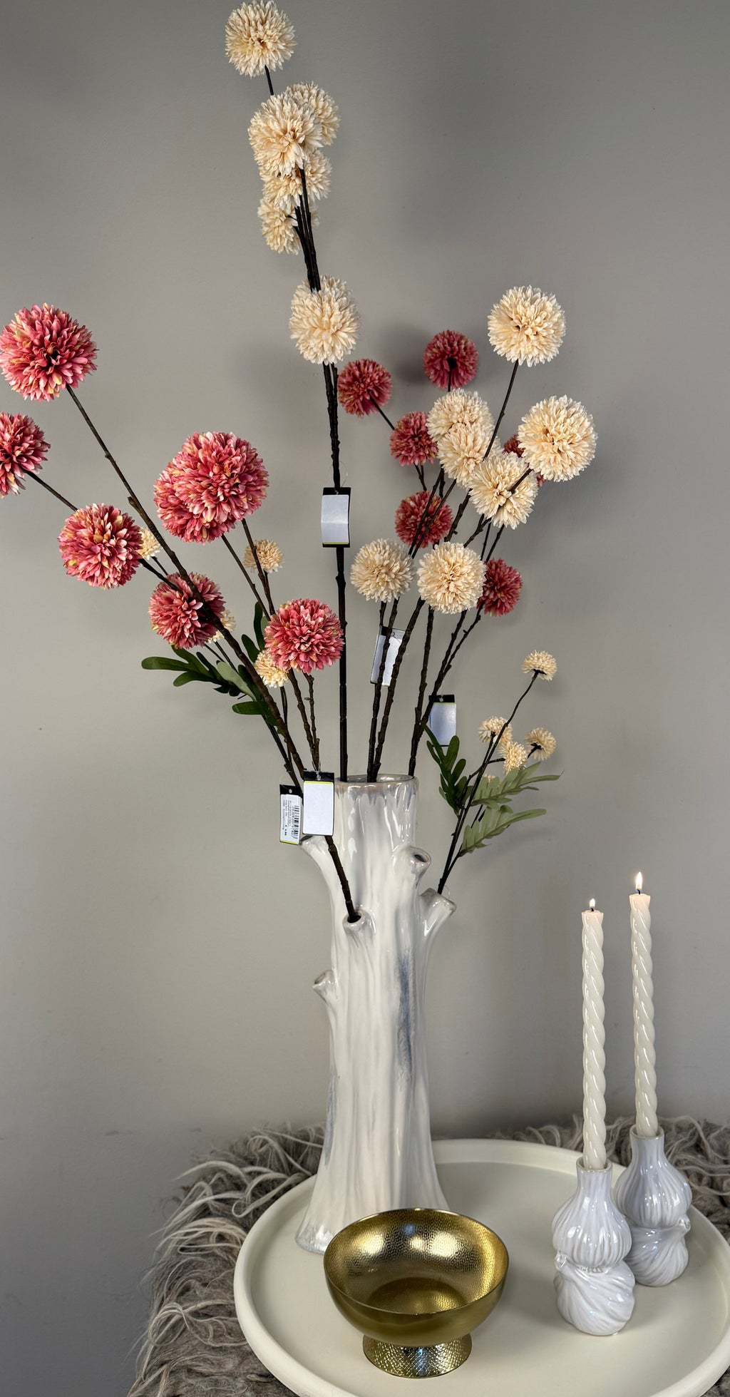 Kunstbloemen Tak Pompom Large Cream – Zijdebloemen Tak 98 cm – Luxe Bloemendecoratie