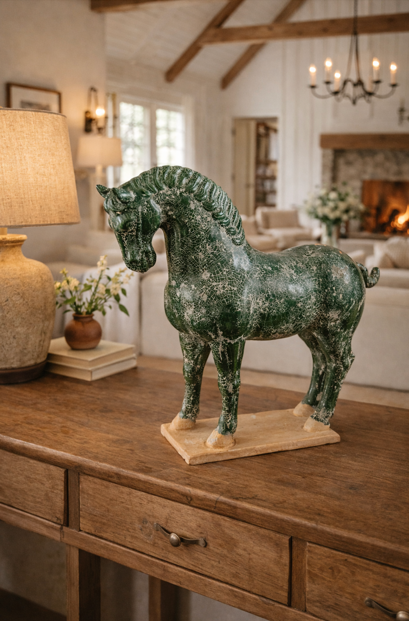 Han/Tang Dynasty Paard Beeld Donkergroen 44 cm – Keramiek